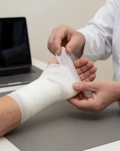 Un professionnel applique un bandage élastique blanc sur le poignet d'un client posé sur une table grise dans un cabinet médical.