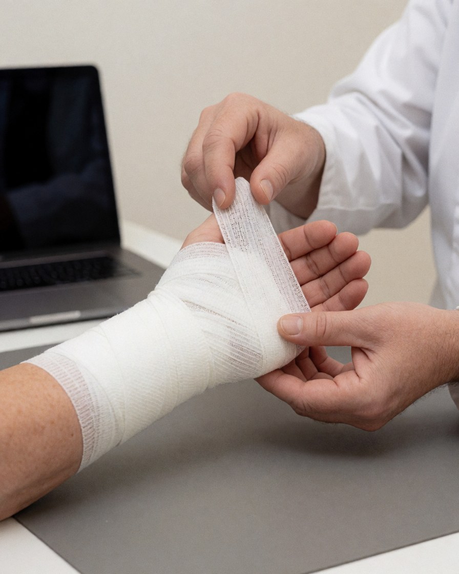 Un professionnel applique un bandage élastique blanc sur le poignet d'un client posé sur une table grise dans un cabinet médical.
