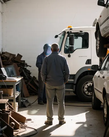 Vue arrière d'une cliente regardant un travailleur portant un casque de soudure près d'un camion blanc dans un atelier de recyclage de véhicules.