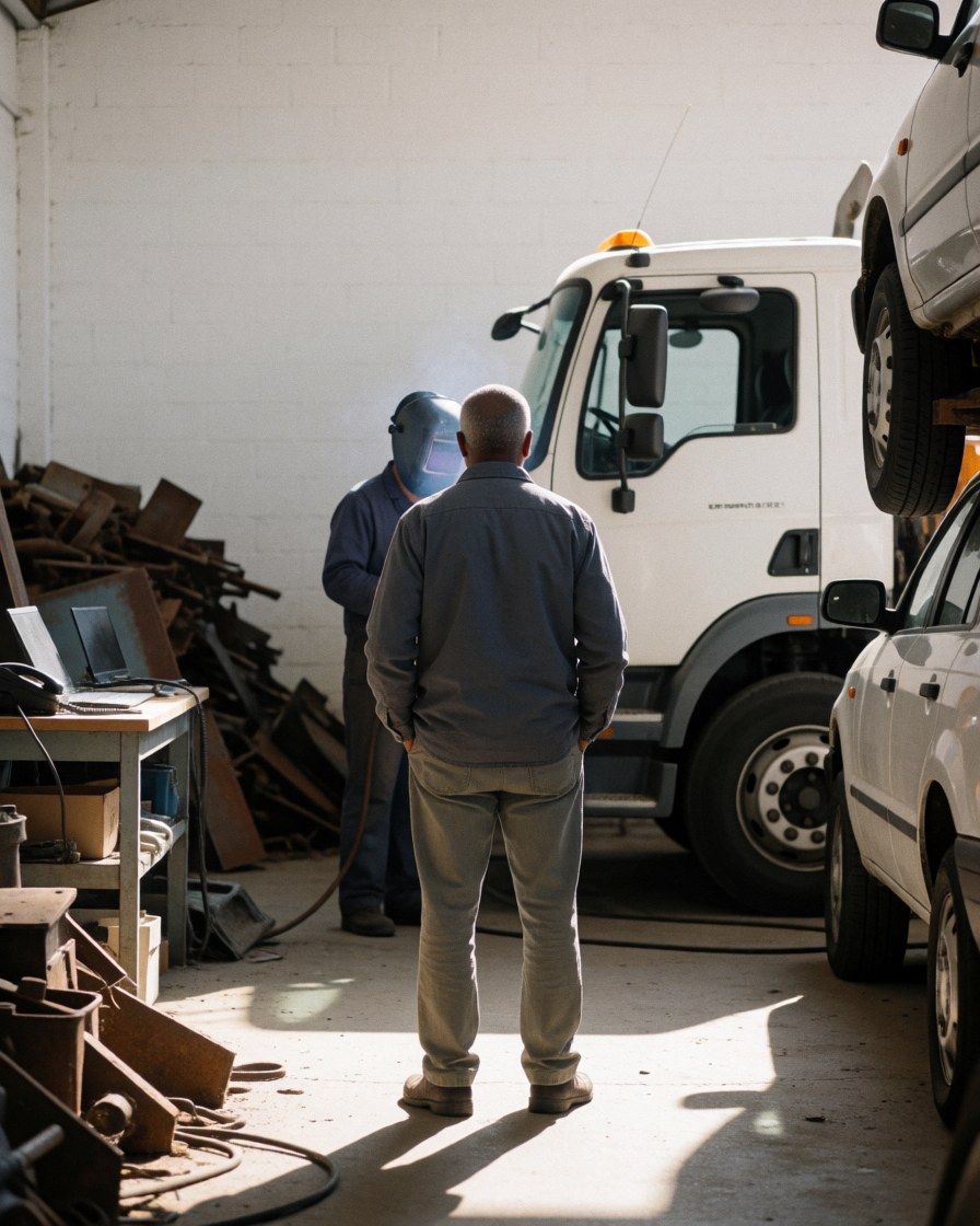 Vue arrière d'une cliente regardant un travailleur portant un casque de soudure près d'un camion blanc dans un atelier de recyclage de véhicules.