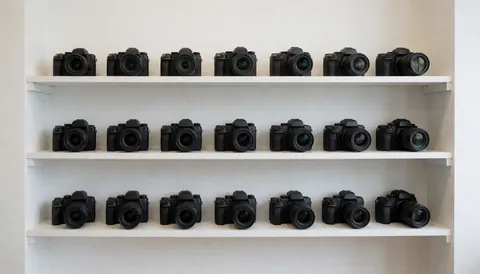 Des appareils photo professionnels et des objectifs exposés sur des étagères blanches dans un magasin de photographie avec un éclairage lumineux et des murs blancs.
