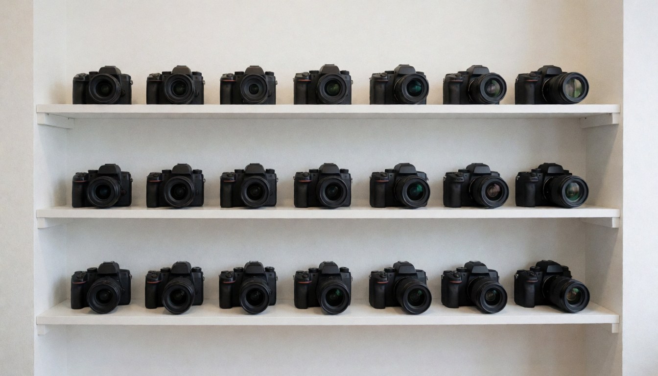 Des appareils photo professionnels et des objectifs exposés sur des étagères blanches dans un magasin de photographie avec un éclairage lumineux et des murs blancs.