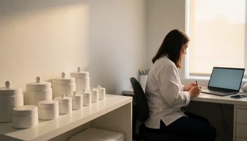 Un professionnel de la dermatologie écrit à un bureau avec des pots de produits, lumière naturelle par la fenêtre, ambiance propre et professionnelle.
