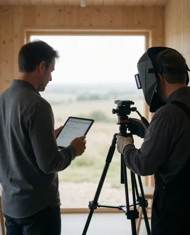 Photographe ajustant un trépied pendant qu'un client consulte une tablette, murs en bois et vue panoramique, service de photographie panoramique en construction