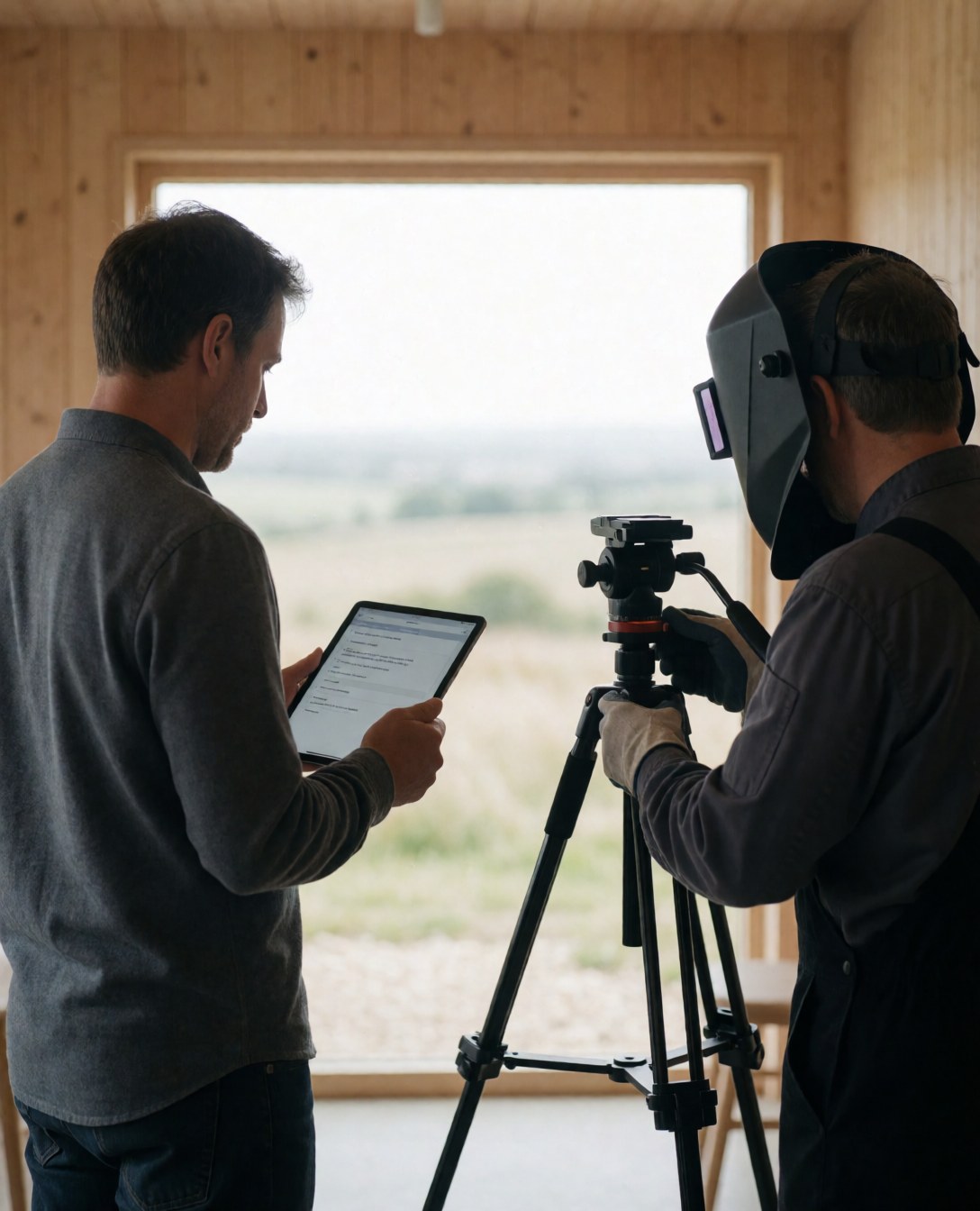 Photographe ajustant un trépied pendant qu'un client consulte une tablette, murs en bois et vue panoramique, service de photographie panoramique en construction