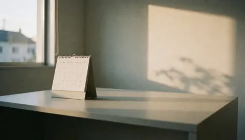Bureau minimaliste avec calendrier et lumière de fenêtre, mur blanc pour texte, idéal pour couverture de site web professionnel.