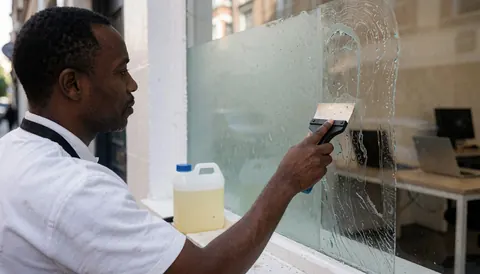 Un professionnel gratte des résidus de colle sur une vitrine de magasin avec un grattoir et un seau de solvant visible, dans un environnement de bureau.
