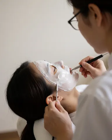 Un professionnel applique un masque blanc à l'aide d'un pinceau sur le visage d'une cliente dans un espace de soins esthétiques.