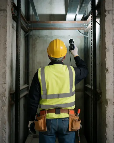 Technicien portant un casque et un gilet de sécurité inspectant une structure métallique dans un ascenseur en construction avec une lampe de poche.