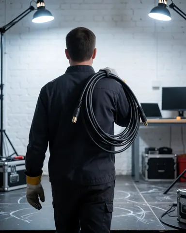 Technicien du son portant un câble XLR sur l'épaule, marchant sur une scène avec un mur de briques blanches et des lumières de travail, équipement audio visible.
