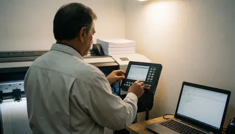 Un technicien ajuste le contrôleur d'une grande imprimante avec une pile de papier et un ordinateur portable sur un bureau dans un environnement de bureau aux murs blancs.