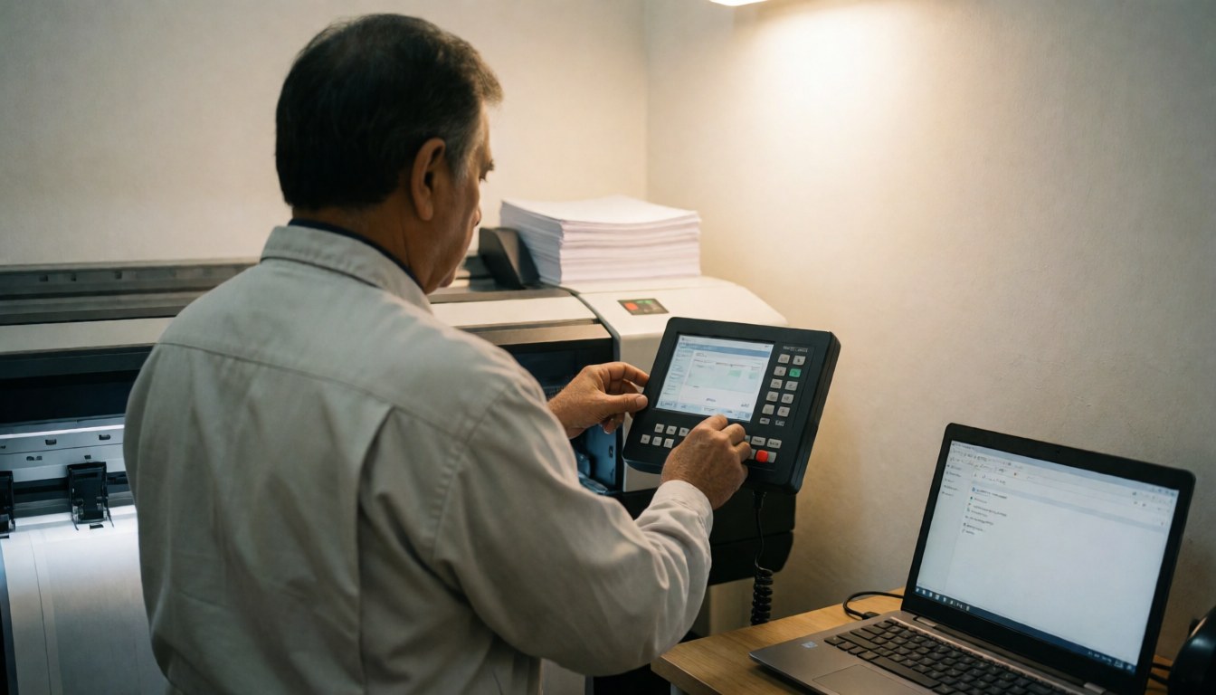 Un technicien ajuste le contrôleur d'une grande imprimante avec une pile de papier et un ordinateur portable sur un bureau dans un environnement de bureau aux murs blancs.