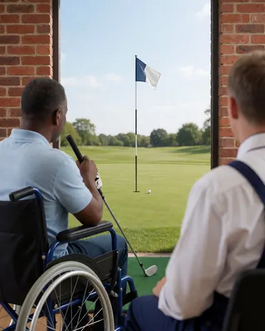 Une cliente en fauteuil roulant tient un club de golf, accompagnée par un instructeur, avec un drapeau de trou en arrière-plan sur un terrain vert.