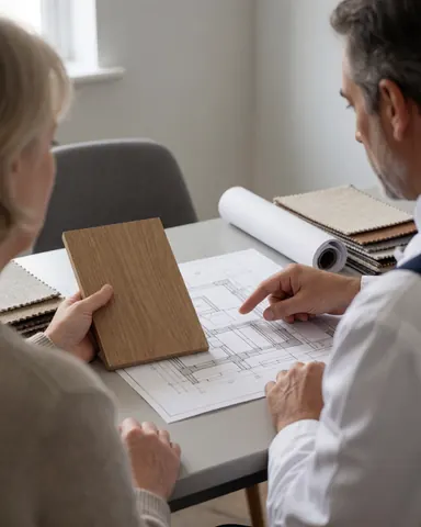Un client et un tapissier consultent ensemble des plans de tapicerie lors d'une réunion professionnelle dans un bureau moderne.