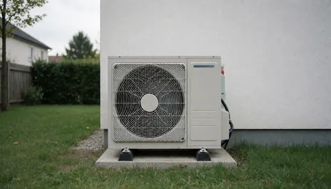 Unité de chauffage extérieure posée sur une base en béton dans un jardin, près du mur d'une maison sous un ciel nuageux, idéale pour un service de réparation de chauffage.