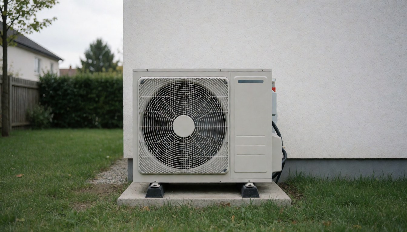 Unité de chauffage extérieure posée sur une base en béton dans un jardin, près du mur d'une maison sous un ciel nuageux, idéale pour un service de réparation de chauffage.