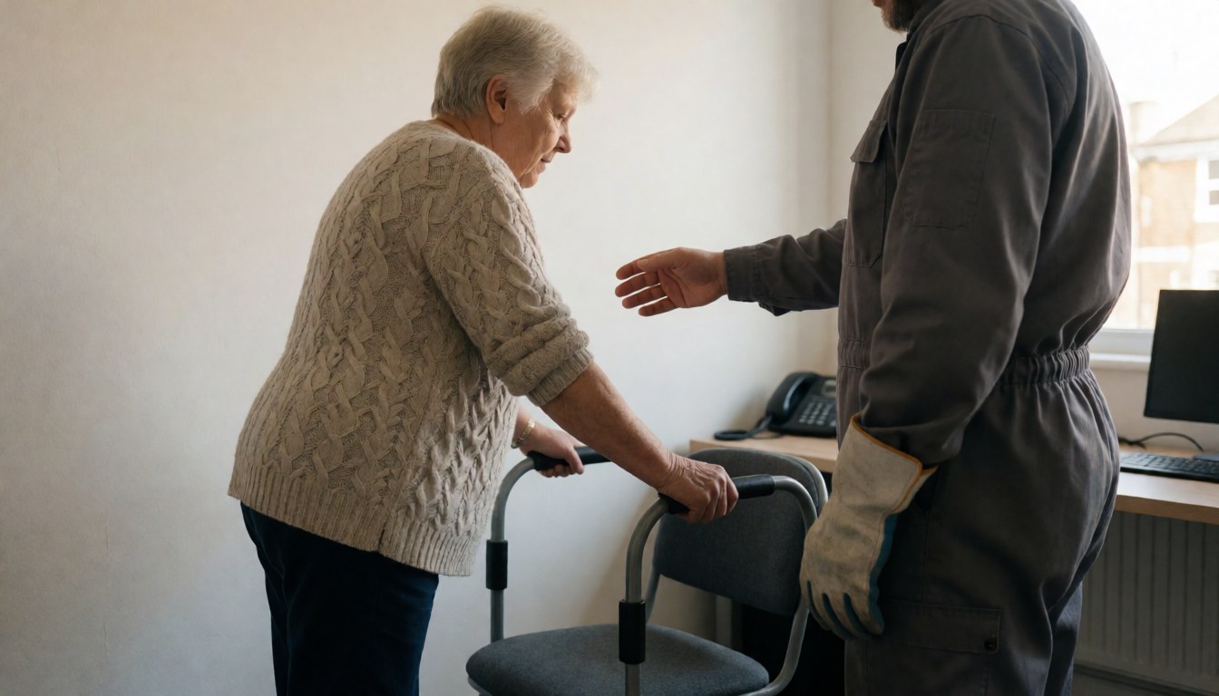 Un entraîneur personal aide une femme senior à soulever la jambe sur un banc d'équilibre dans un espace lumineux.