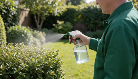 Un jardinier professionnel en uniforme applique un engrais liquide à l'aide d'un pulvérisateur sur des plantes dans un jardin bien entretenu sous le soleil.