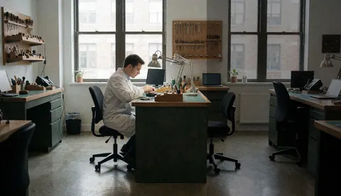 Un horloger en blouse blanche travaille à sa table avec des outils de précision, baigné de lumière naturelle par de grandes fenêtres dans un environnement professionnel et ordonné.