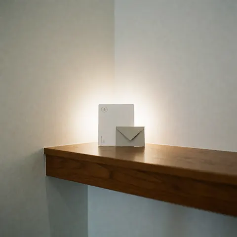 Carte cadeau et enveloppe posées sur un comptoir en bois poli avec une lumière chaude et des murs blancs, idéal pour un service de cours de tango.