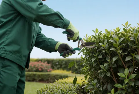 Un jardinier en uniforme vert taille un buisson avec des sécateurs dans un parc à thème sous un ciel bleu clair.