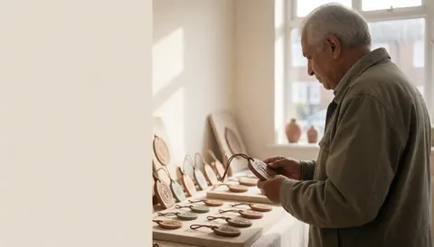 Une cliente examine une amulette en argile dans un atelier de bricolage éclairé par la lumière naturelle, avec des produits artisanaux exposés.