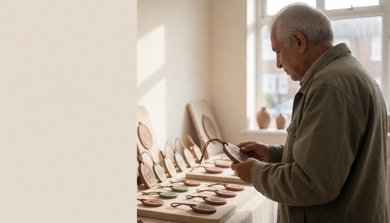 Une cliente examine une amulette en argile dans un atelier de bricolage éclairé par la lumière naturelle, avec des produits artisanaux exposés.