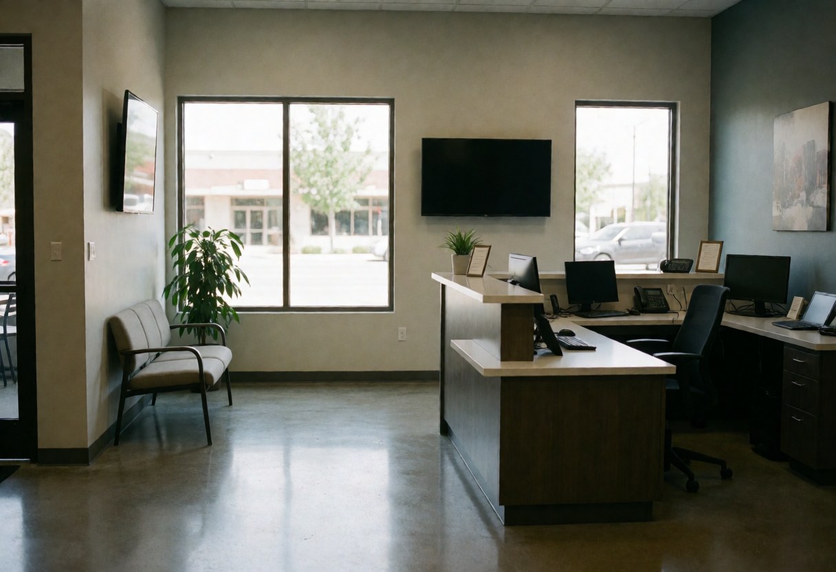 Réception de bureau moderne avec bureau, banc d'attente et grandes fenêtres laissant entrer la lumière naturelle.