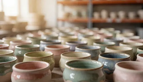 Fond d'atelier de céramique avec des bols émaillés aux tons terre, éclairage chaleureux et espace pour texte.