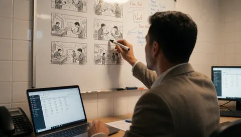 Un vidéaste examine des croquis de storyboard affichés sur un tableau blanc, accompagné d'un ordinateur portable et d'un environnement de travail avec des murs carrelés blancs.