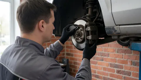 Mécanicien portant des gants noirs installe une plaquette de frein sur un étrier de voiture posé sur un support dans un atelier avec un mur de briques rouges et une lumière naturelle.