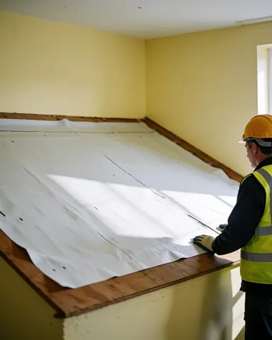 Un travailleur en équipement de sécurité installe un sous-toit blanc sur une charpente en bois, avec des murs jaunes en arrière-plan, dans le cadre d'une réparation de toiture.