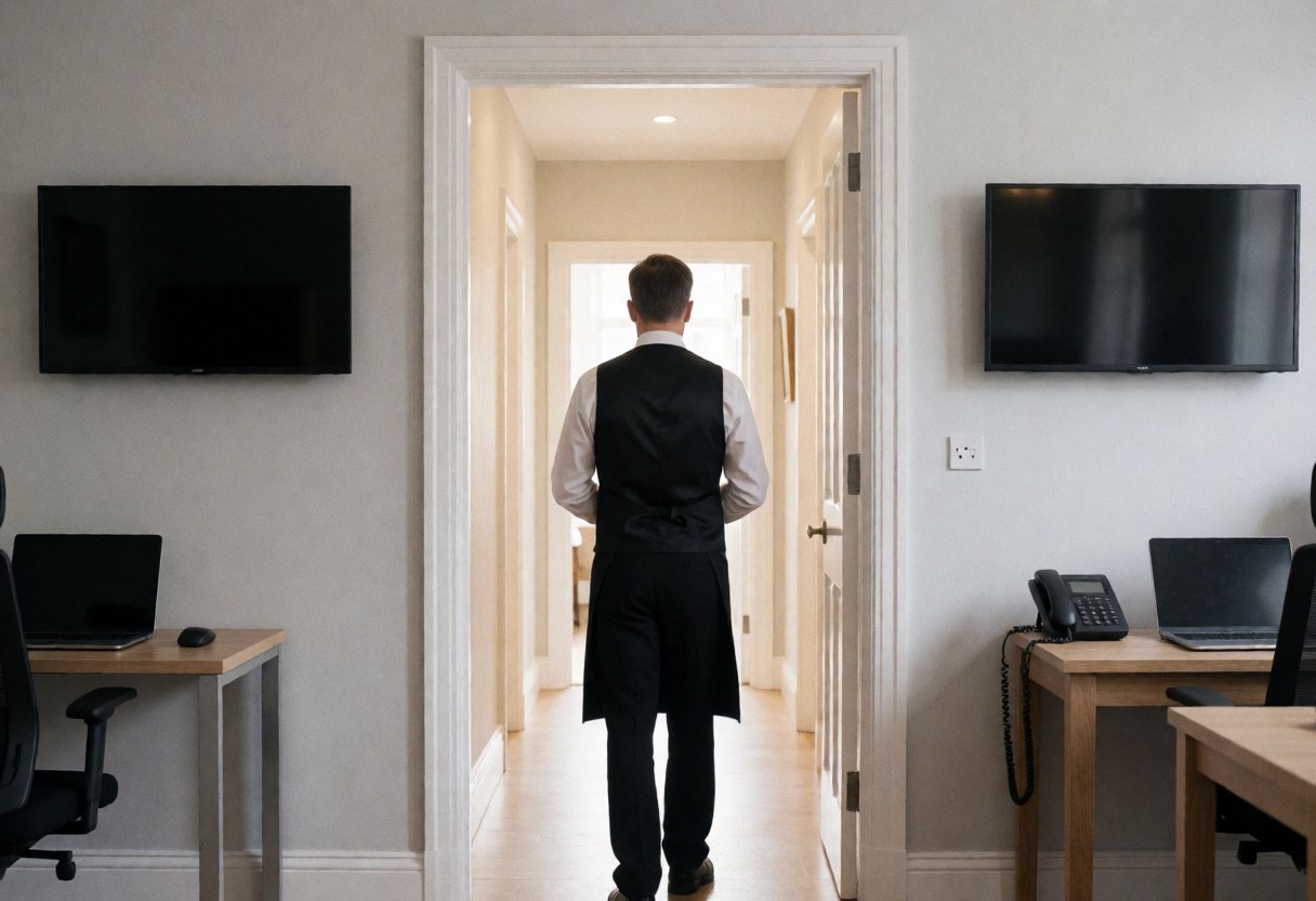 Employé d'hôtel en uniforme formel marchant dans un couloir bien éclairé aux murs gris clair, illustrant le service de réception.