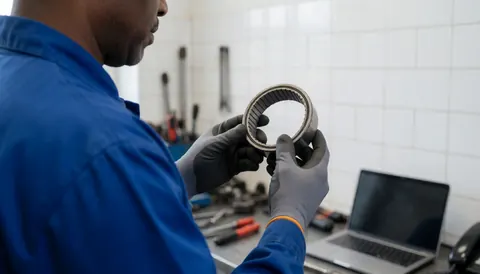 Technicien en atelier de réparation de ventilateurs tenant un nouveau roulement, avec outils et murs blancs en céramique.