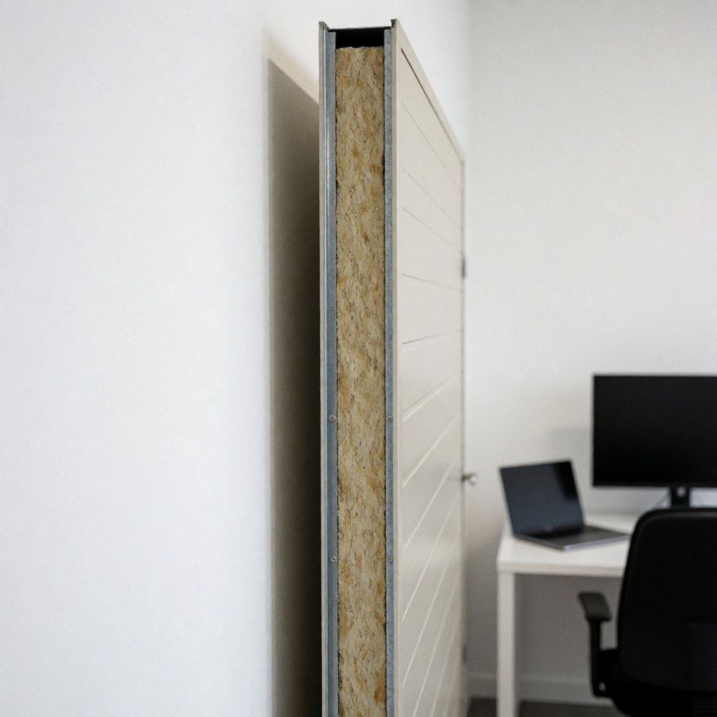 Panneau de porte de garage avec isolation en polyuréthane, installé sur un mur blanc, idéal pour les installateurs de portes de garage.