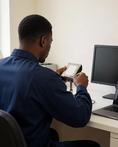 Technicien en uniforme bleu répare un disque dur sur un bureau propre avec moniteur et ordinateur portable à proximité dans un environnement professionnel.