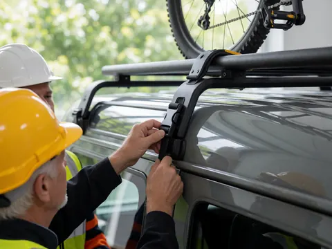 Une main ajuste la sangle de transport d'un vélo de montagne sur le toit gris d'un SUV. Un casque et un gilet de sécurité sont visibles dans un atelier.