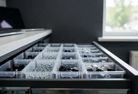 Des boîtes en plastique remplies de vis, de connecteurs et de modules de caméra dans un atelier de réparation de téléphones aux murs gris et à la lumière naturelle.