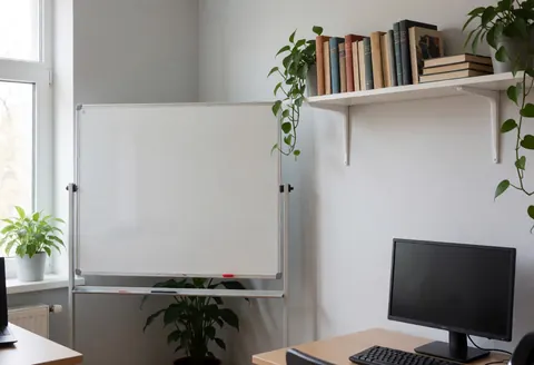 Classe d'espagnol avec tableau blanc, étagère de livres et plantes vertes, éclairée par la lumière naturelle de la fenêtre.