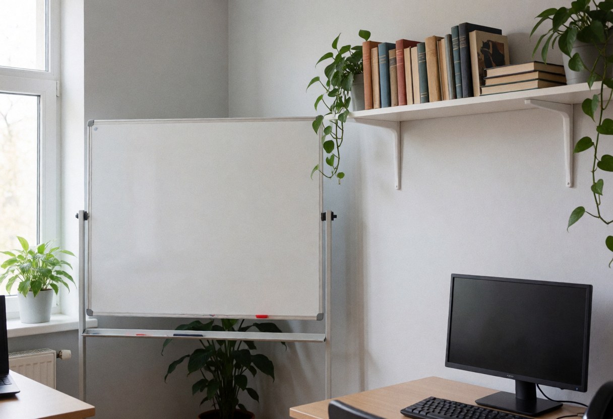 Classe d'espagnol avec tableau blanc, étagère de livres et plantes vertes, éclairée par la lumière naturelle de la fenêtre.