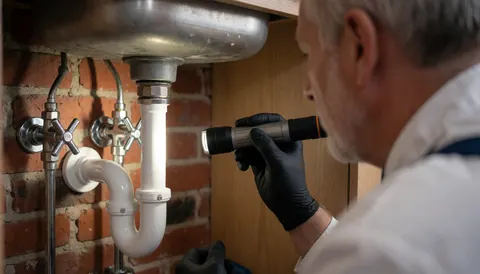 Un plombier en gants noirs examine des tuyaux blancs et des vannes chromées sous un évier en acier inox, mur de briques rouges visible.
