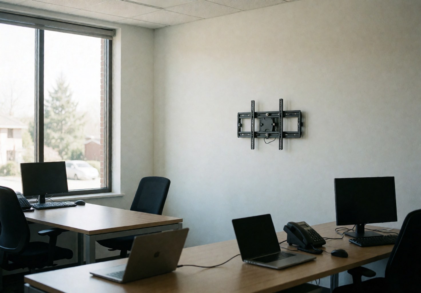 Bureau moderne vide avec support VESA noir sur mur blanc, tables en bois et chaises noires, lumière naturelle par la fenêtre, idéal pour la réparation de téléviseurs.