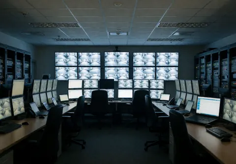 Salle de contrôle de sécurité équipée de moniteurs en grille, de chaises ergonomiques et de racks d'équipements, éclairée par une lumière bleue froide, créant une ambiance professionnelle et opérationnelle.