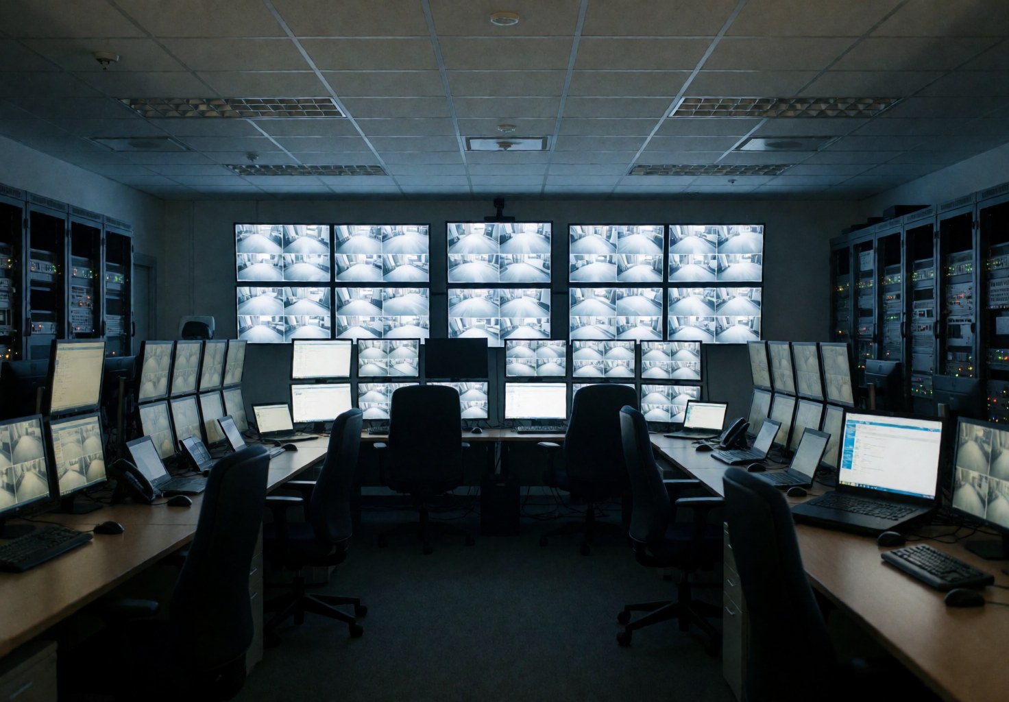 Salle de contrôle de sécurité équipée de moniteurs en grille, de chaises ergonomiques et de racks d'équipements, éclairée par une lumière bleue froide, créant une ambiance professionnelle et opérationnelle.
