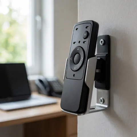 Télécommande noire fixée sur un support métallique fixé à un mur peint, éclairée par la lumière naturelle, adaptée aux professionnels de l'installation de stores.
