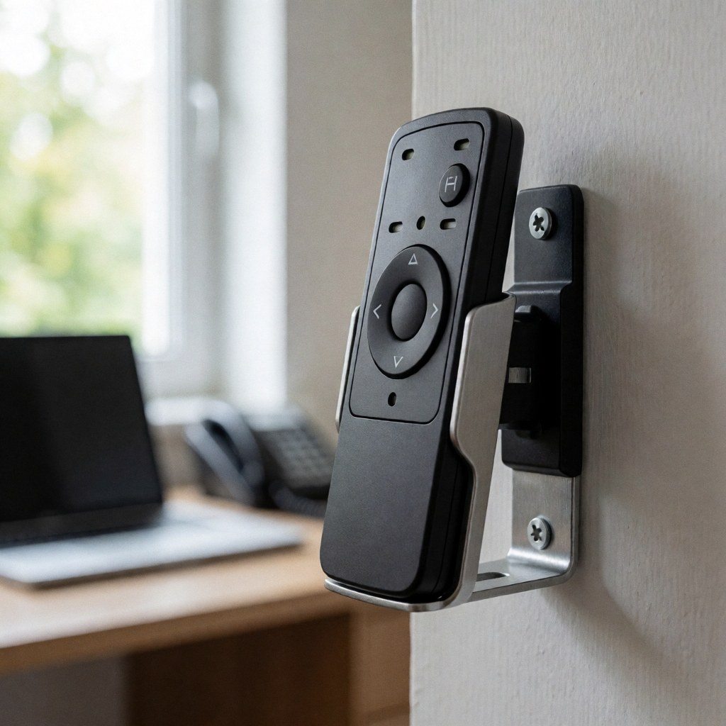 Télécommande noire fixée sur un support métallique fixé à un mur peint, éclairée par la lumière naturelle, adaptée aux professionnels de l'installation de stores.