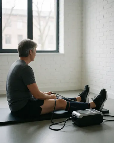 Un homme adulte utilise un dispositif de compression musculaire connecté à ses jambes dans un gymnase moderne aux murs blancs et à la lumière naturelle.