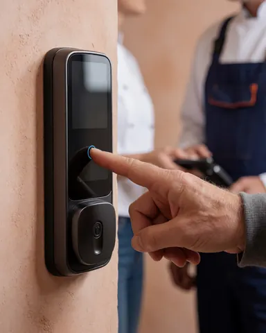 Un client actionne le clavier d'un cadenas intelligent noir fixé sur un mur en terre cuite, avec un technicien visible en arrière-plan.