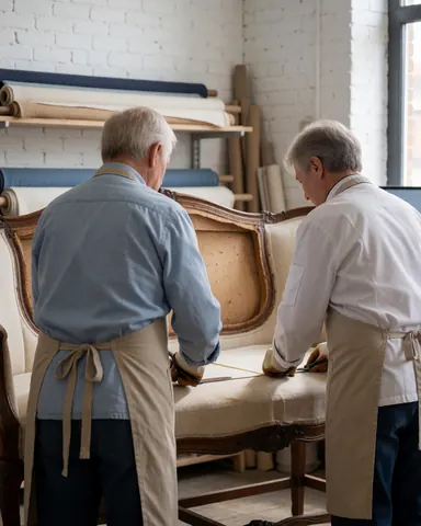 Deux artisans travaillent ensemble à la restauration d'un canapé ancien dans un atelier bien éclairé par la lumière naturelle.