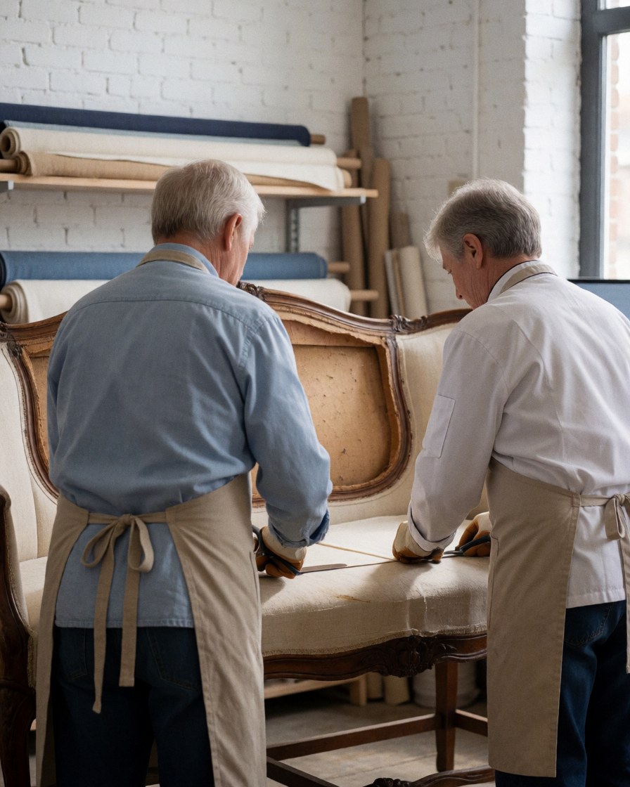 Deux artisans travaillent ensemble à la restauration d'un canapé ancien dans un atelier bien éclairé par la lumière naturelle.